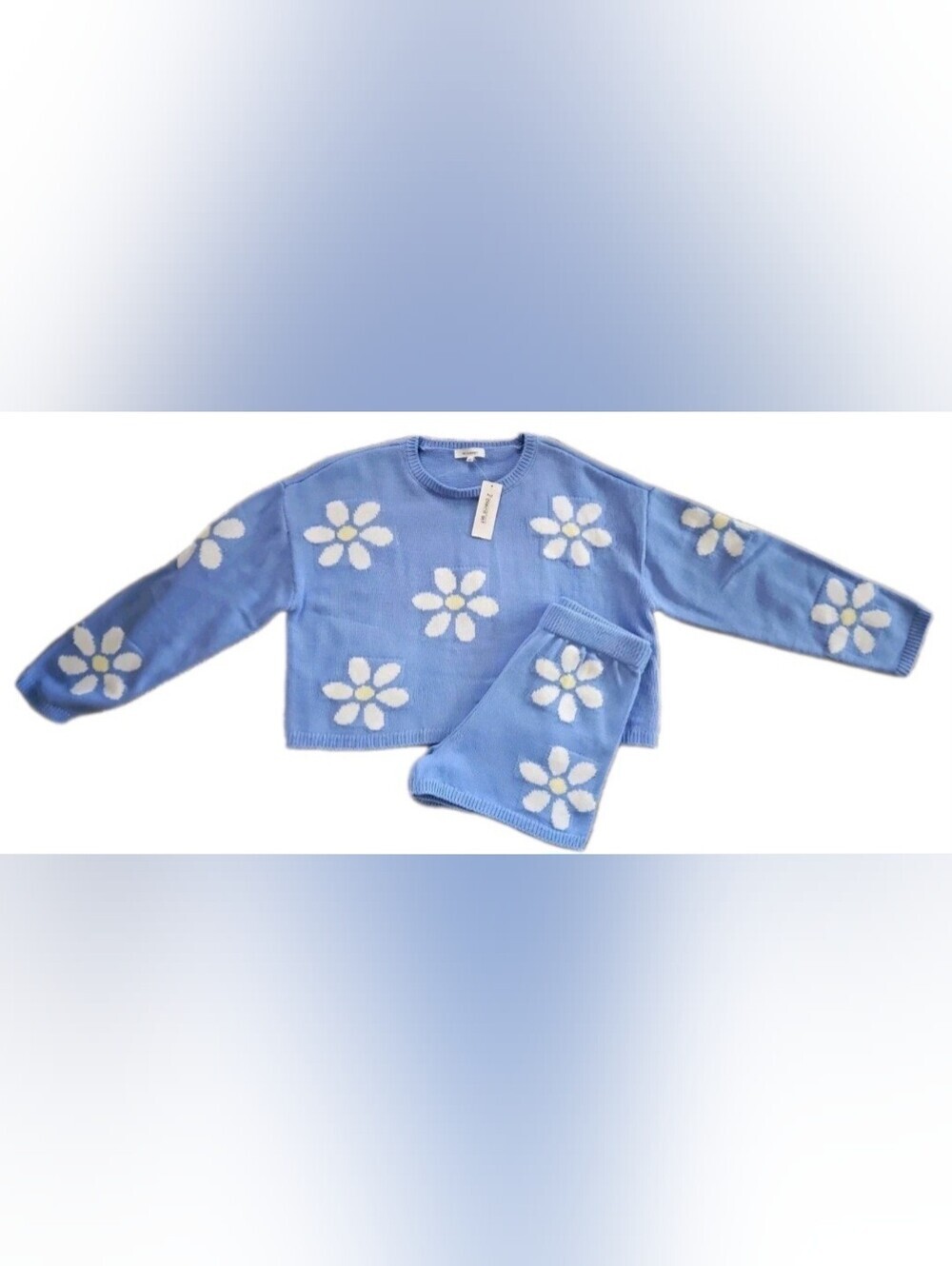 No Comment NWT Blue Daisy Knit Sweater & Shorts Set Size Large Cozy Coquette.